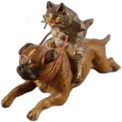 Vienna Bronze Cat Riding Dog- 1 inch tall
