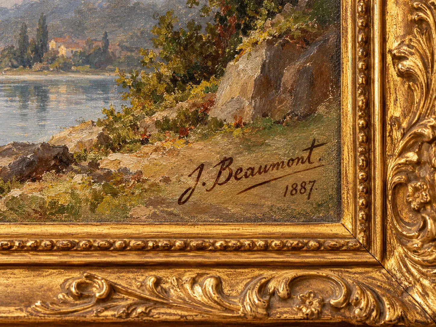 Signed and dated 1887 landscape oil painting by J. Beaumont in a carved gilt frame