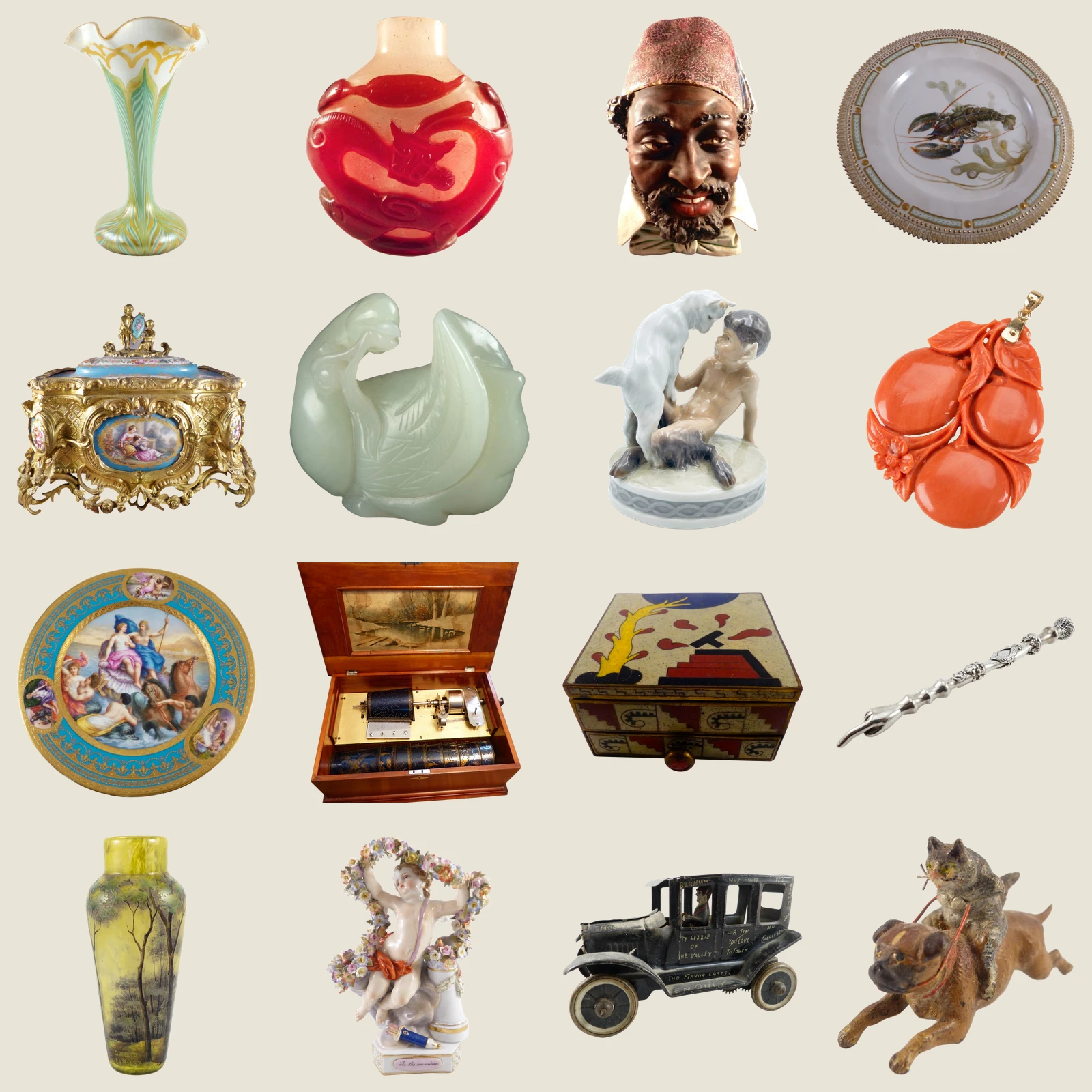 Sixteen antique objects, including glass vases, porcelain, jade, jewelry, silver, and decorative boxes, arranged on a light beige background