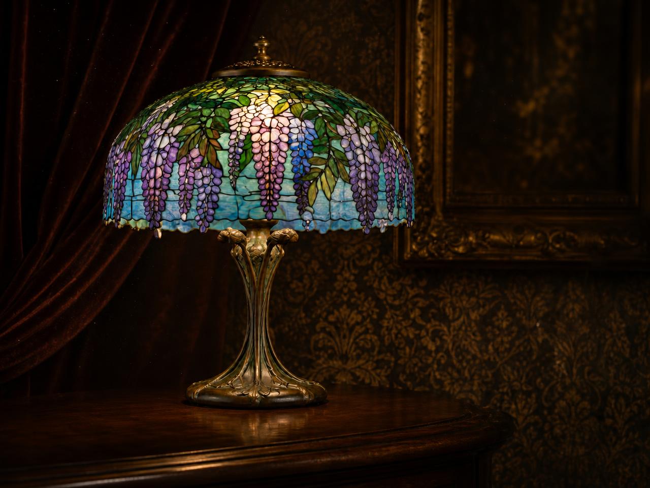 Tiffany Studios leaded glass lamp with a wisteria stained glass shade glowing on a dark wood surface before burgundy velvet drapery