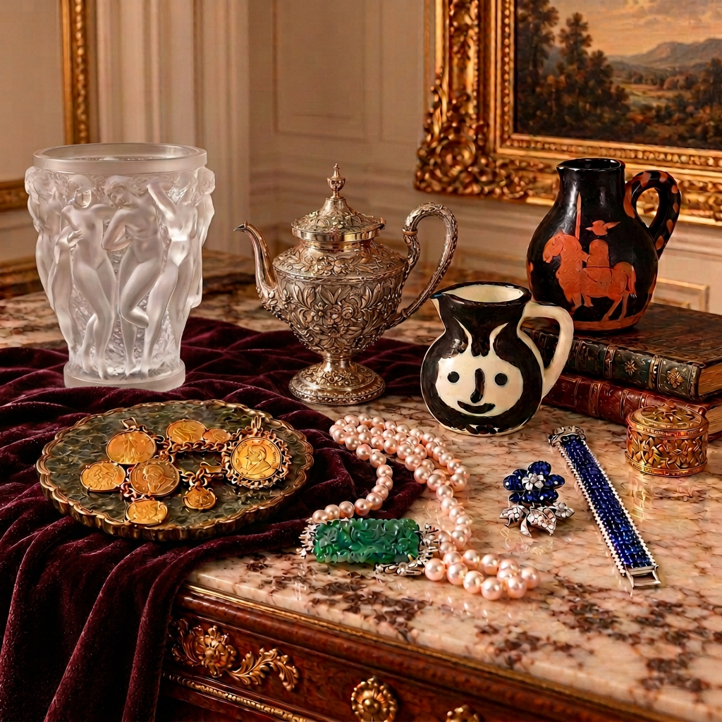 Opulent antique still life with a silver teapot, Lalique-style frosted glass vase, Greek-style pottery jug, pearl necklace with jade clasp, gold coins, and sapphire jewelry on an emerald velvet cloth in a grand salon