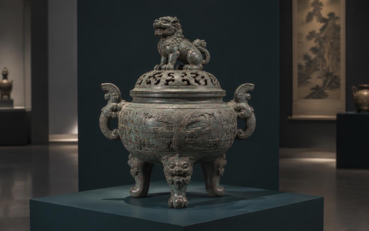 Sculptural Asian bronze incense burner displayed in a gallery