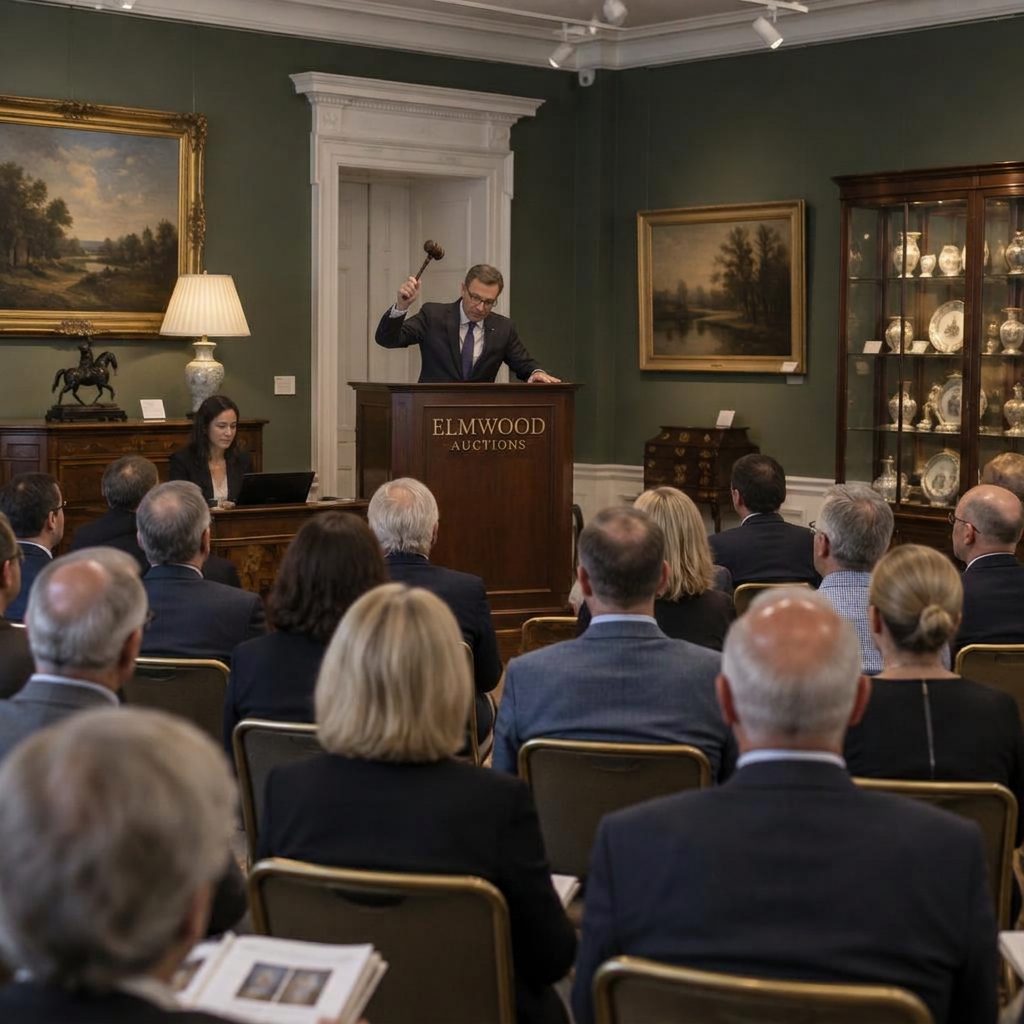 Bidders seated in rows at an auction sale with the auctioneer at the podium
