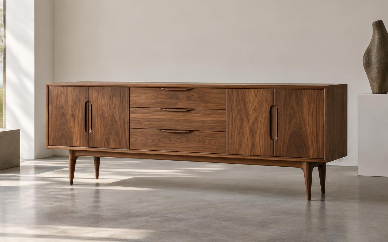 Mid-century walnut sideboard in a contemporary gallery